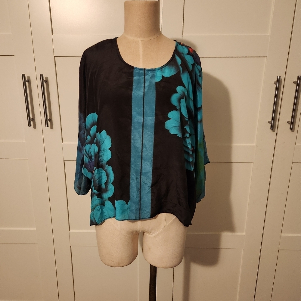 Boho Silk Floral Flowy Top | Elegant Black & Blue Wide Sleeve Blouse OS